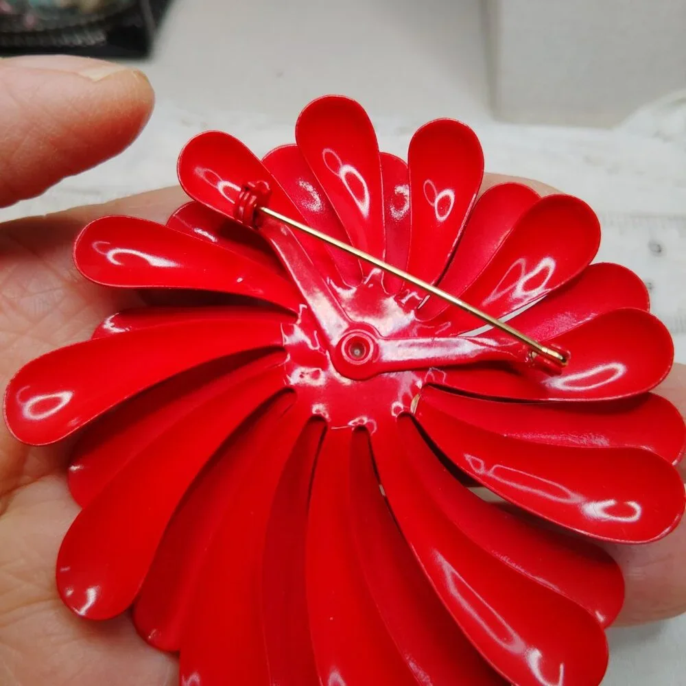 1960s Red Enamel Flower Brooch • Tiered Petals & Filigree Center • 3”